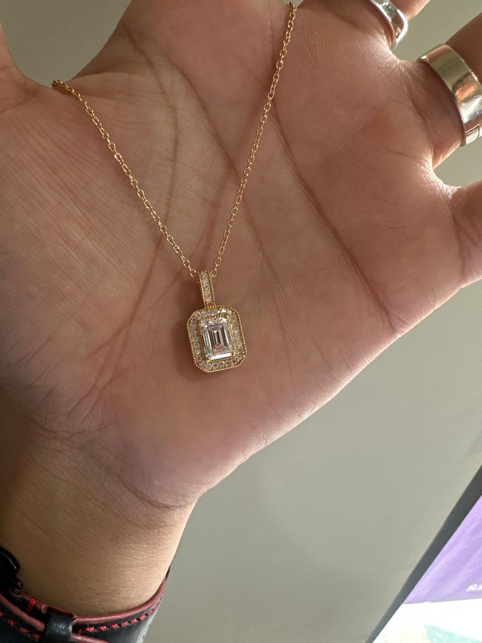 Emerald Cut Moissanite Halo Pendant Necklace, 14K Gold Vermeil, Vintage Style Necklace