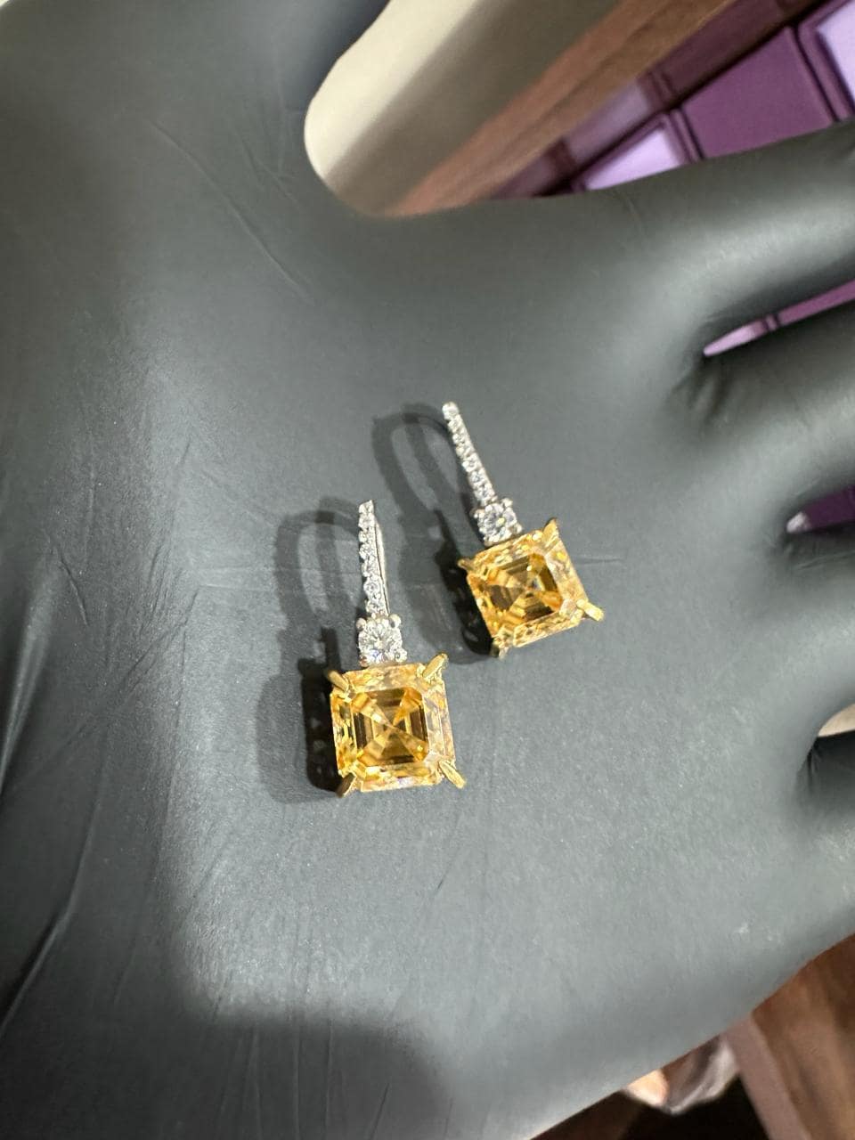 5CT Asscher Yellow Diamond Earrings | 14K White Gold Dangle Drop Earrings for her