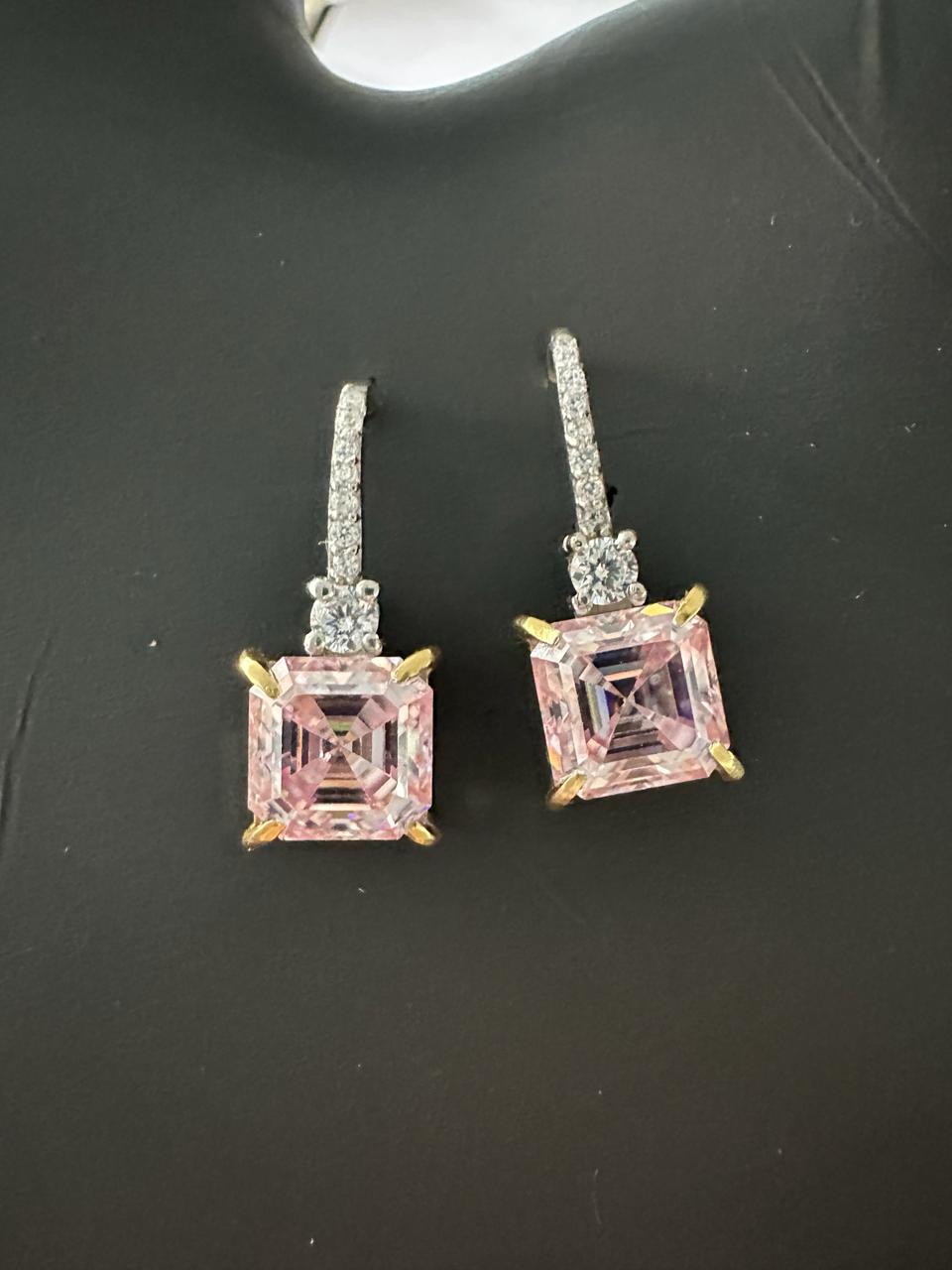 5 Ct Pink Asscher Cut Moissanite Drop Earrings, 14K White Gold, Anniversary Gift