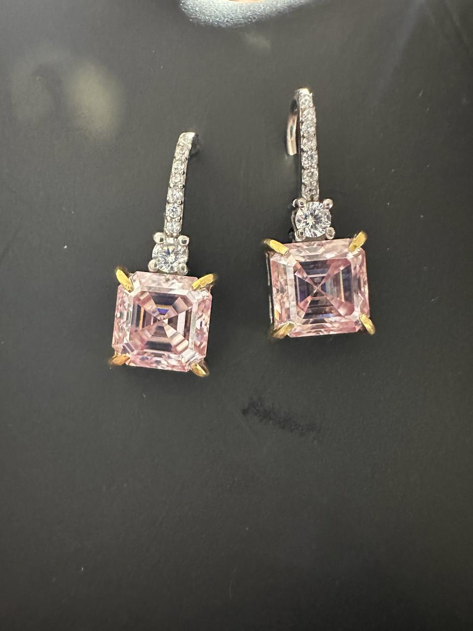 5 Ct Pink Asscher Cut Moissanite Drop Earrings, 14K White Gold, Anniversary Gift