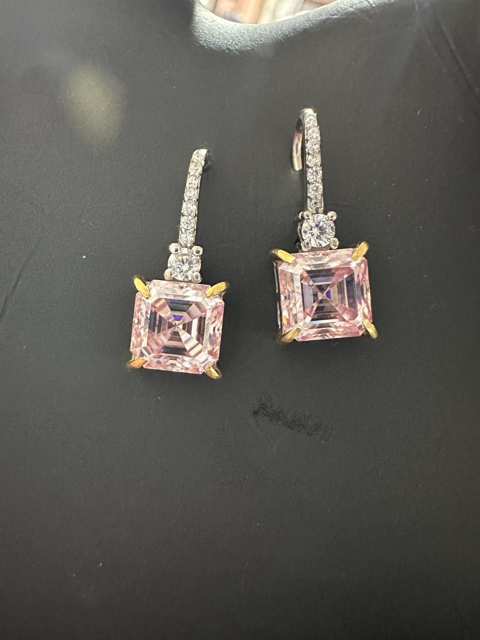 5 Ct Pink Asscher Cut Moissanite Drop Earrings, 14K White Gold, Anniversary Gift