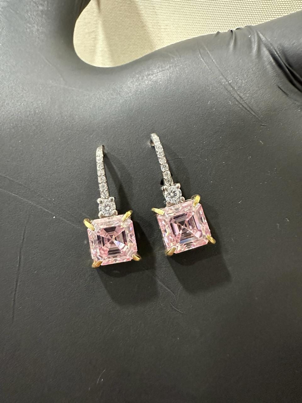 5 Ct Pink Asscher Cut Moissanite Drop Earrings, 14K White Gold, Anniversary Gift