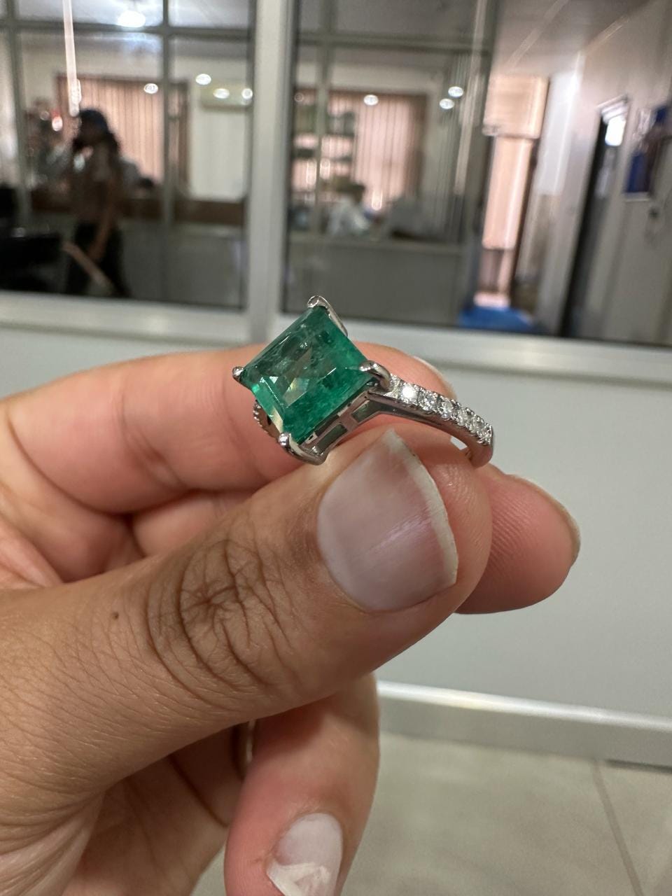 Princess Cut Emerald Engagement Ring | 14K White Gold, Moissanite Pavé