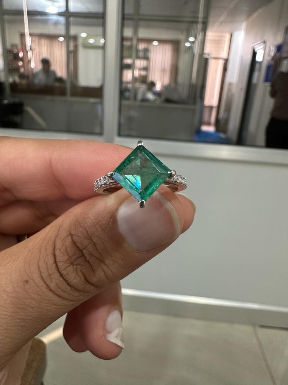 Princess Cut Emerald Engagement Ring | 14K White Gold, Moissanite Pavé