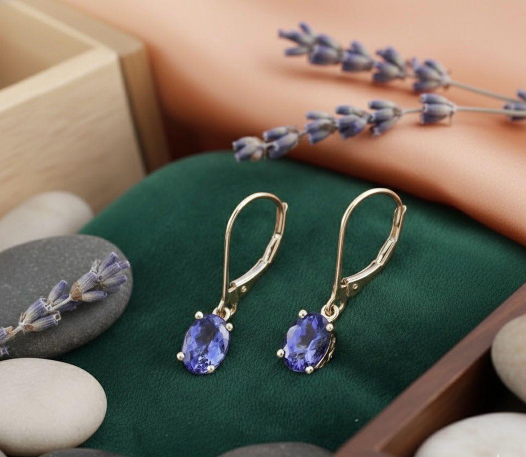 14K Gold Oval Tanzanite Leverback Drop Earrings, Blue Violet Gemstone Jewelry