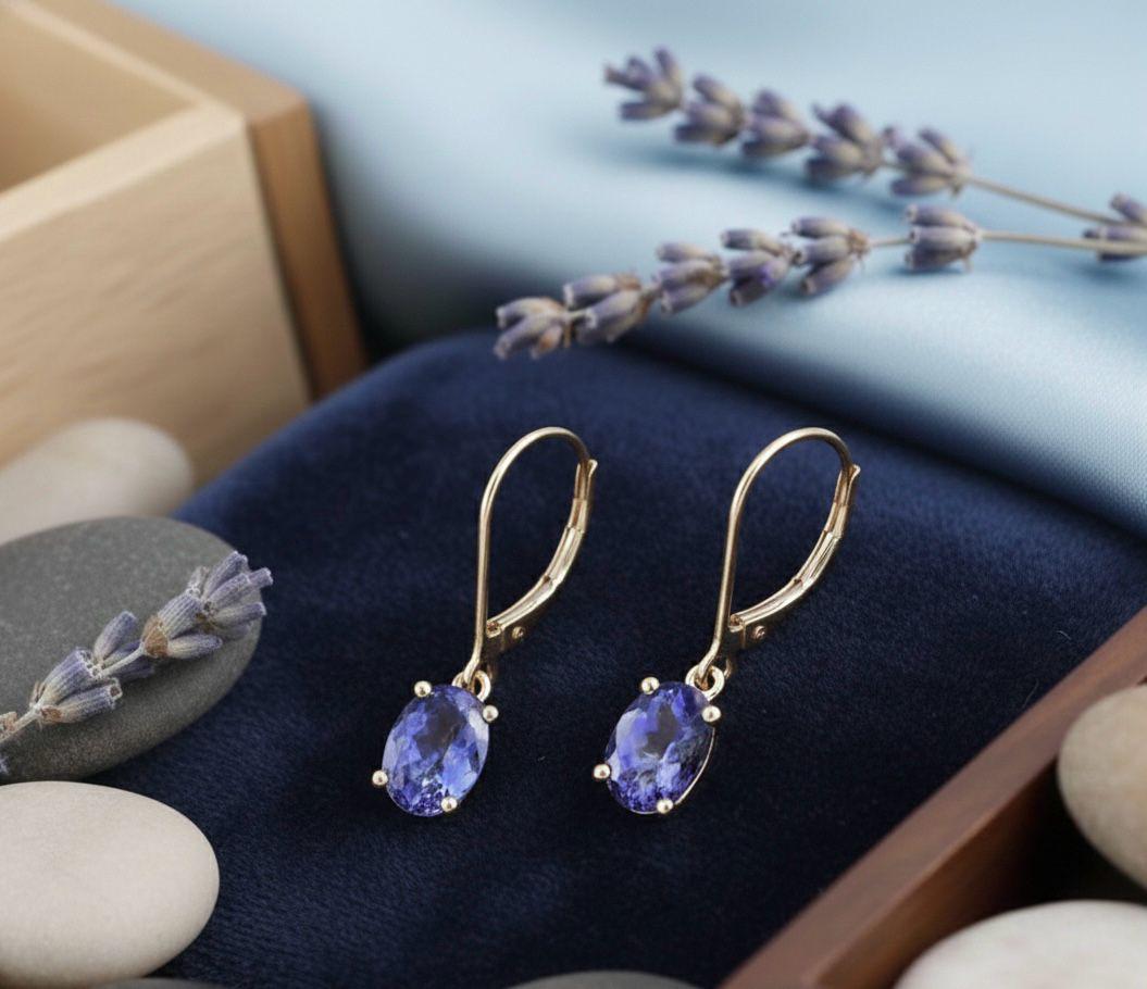 14K Gold Blue Tanzanite Dangle Earrings: Minimal Earrings for Gift, December Birthstone