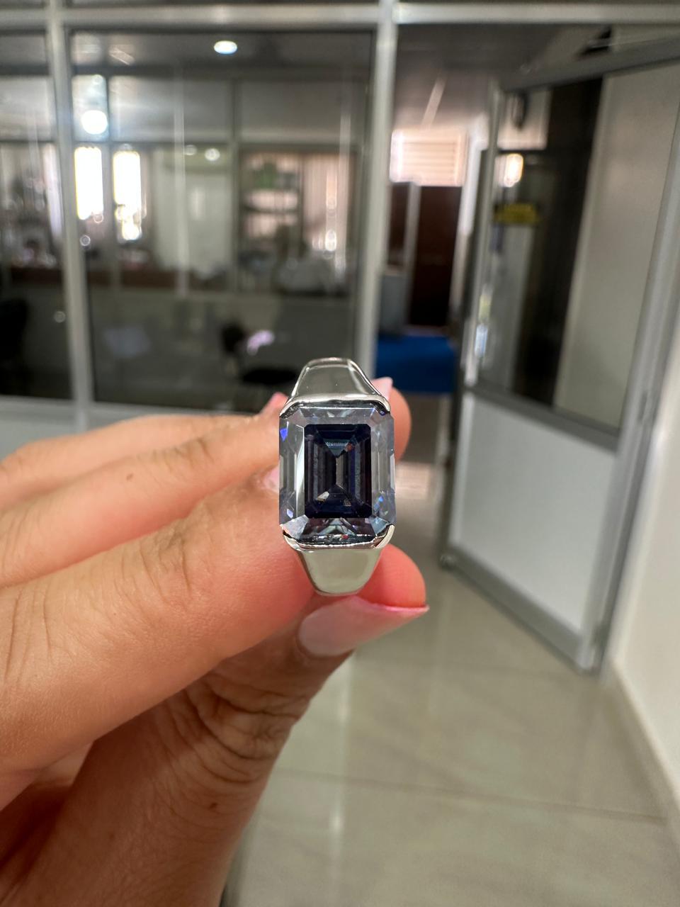 Men's Moissanite Ring | 14K White Gold | Color Changing Emerald Cut Blue Gemstone