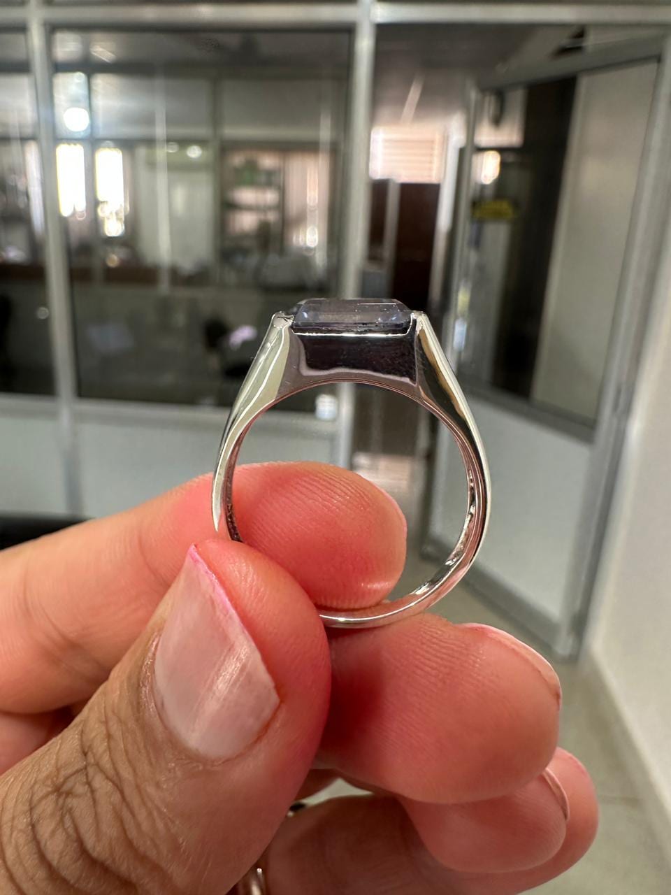 Men's Moissanite Ring | 14K White Gold | Color Changing Emerald Cut Blue Gemstone