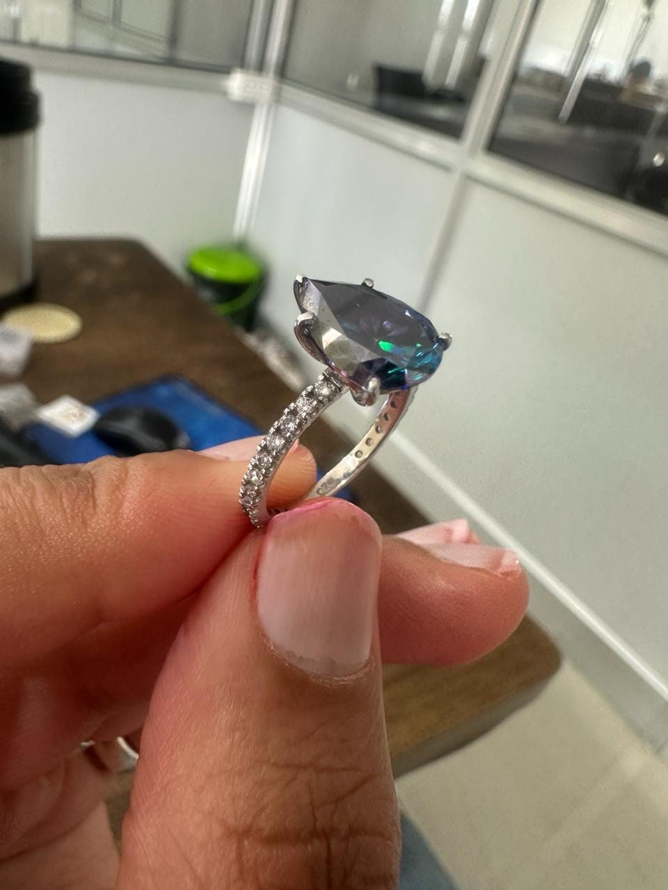 3 CT Pear Cut Blue Moissanite Engagement Ring | 14K White Gold Pavé Band