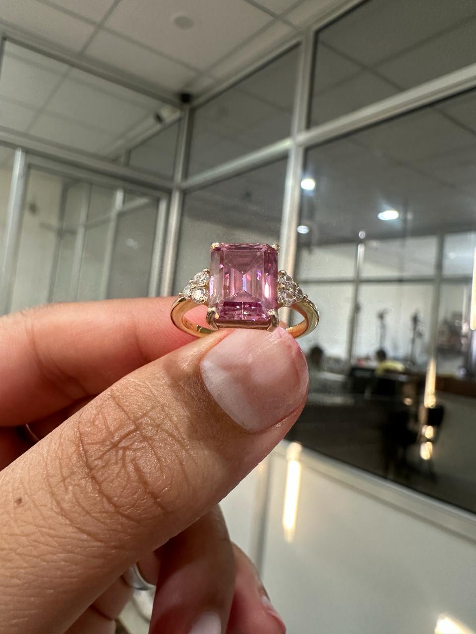 Royal Pink Gemstone Engagement Ring, 3 Ct Moissanite Ring, 14K Yellow Gold, Gift for Her