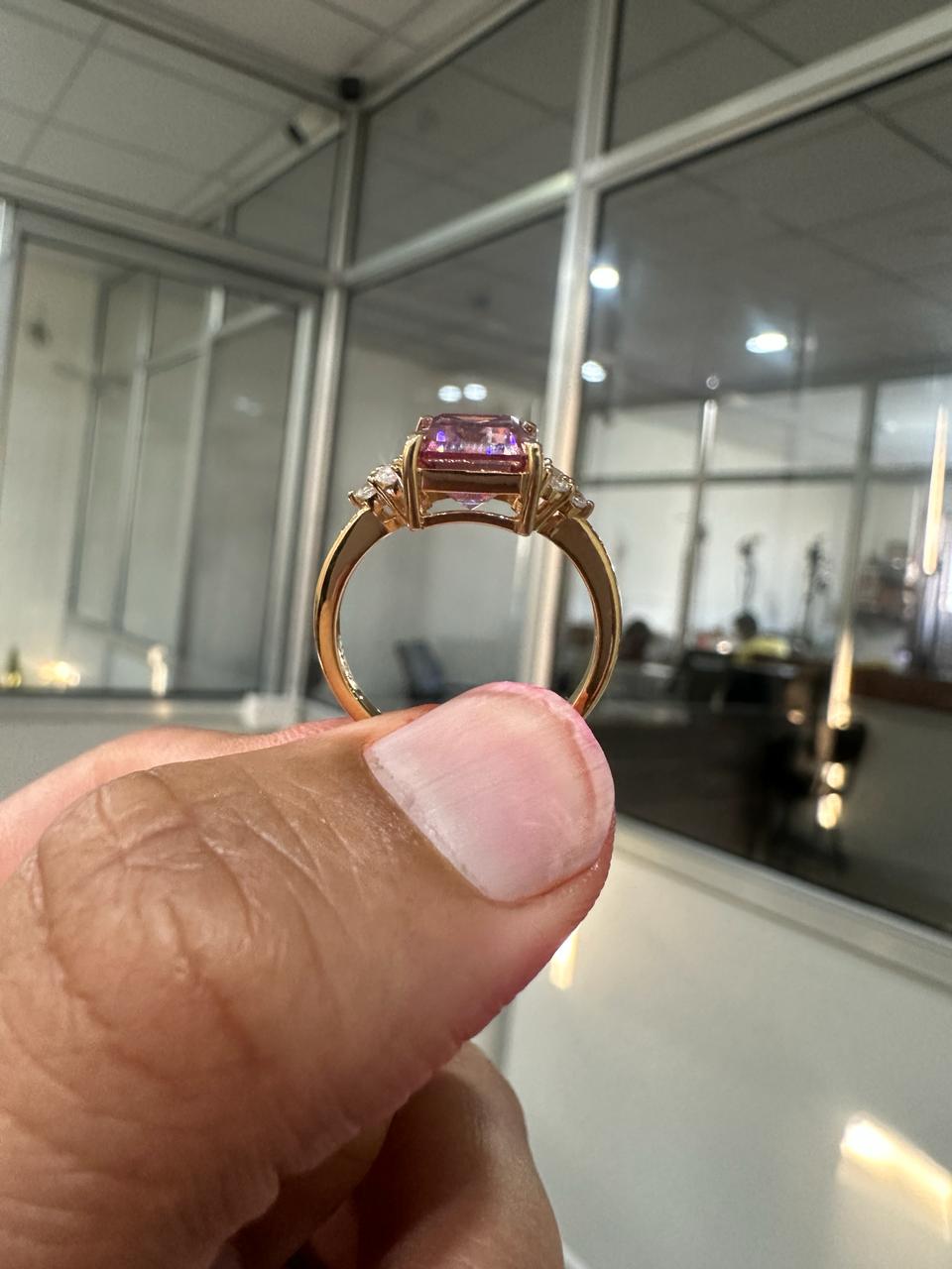 Royal Pink Gemstone Engagement Ring, 3 Ct Moissanite Ring, 14K Yellow Gold, Gift for Her