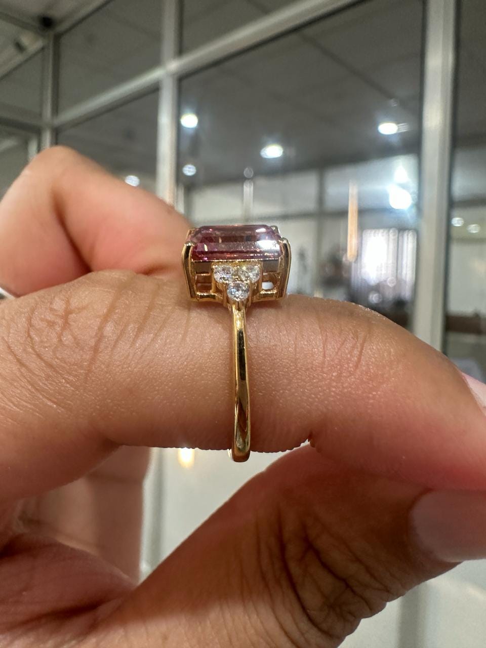Royal Pink Gemstone Engagement Ring, 3 Ct Moissanite Ring, 14K Yellow Gold, Gift for Her