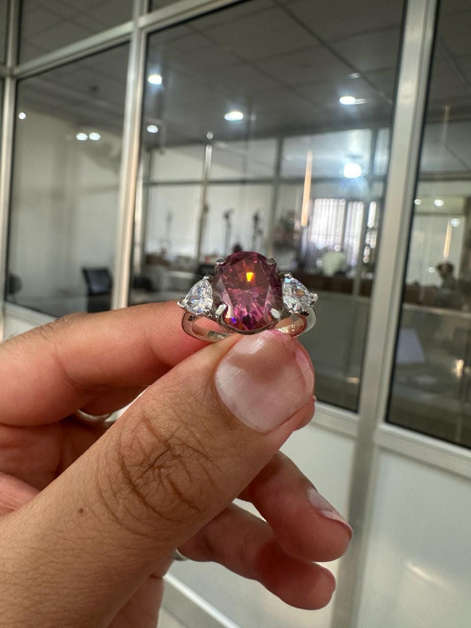Raspberry Pink Oval Moissanite Engagement Ring, 14K White Gold Three Stone Ring