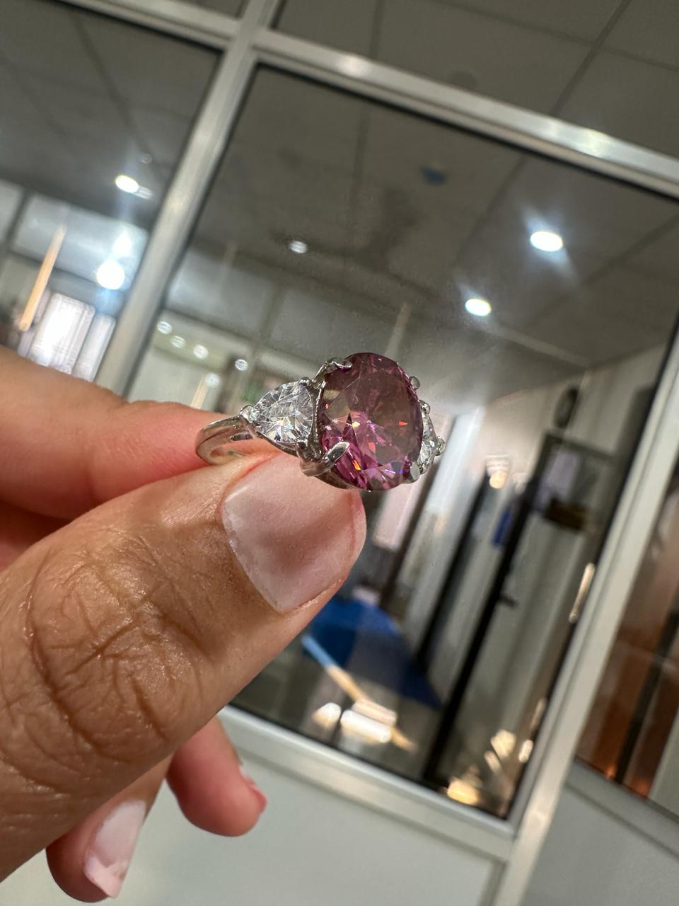Raspberry Pink Oval Moissanite Engagement Ring, 14K White Gold Three Stone Ring
