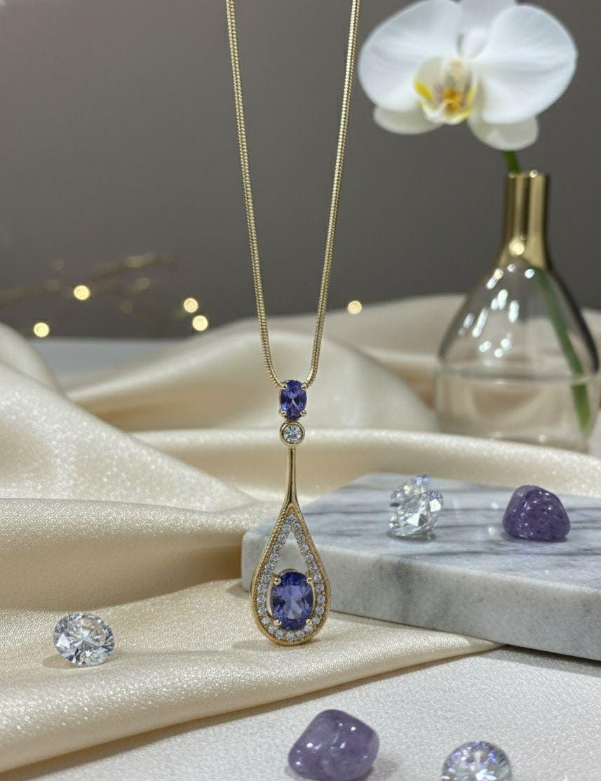 14k Tanzanite Drop Pendant Necklace for Women | Unique Anniversary Gift