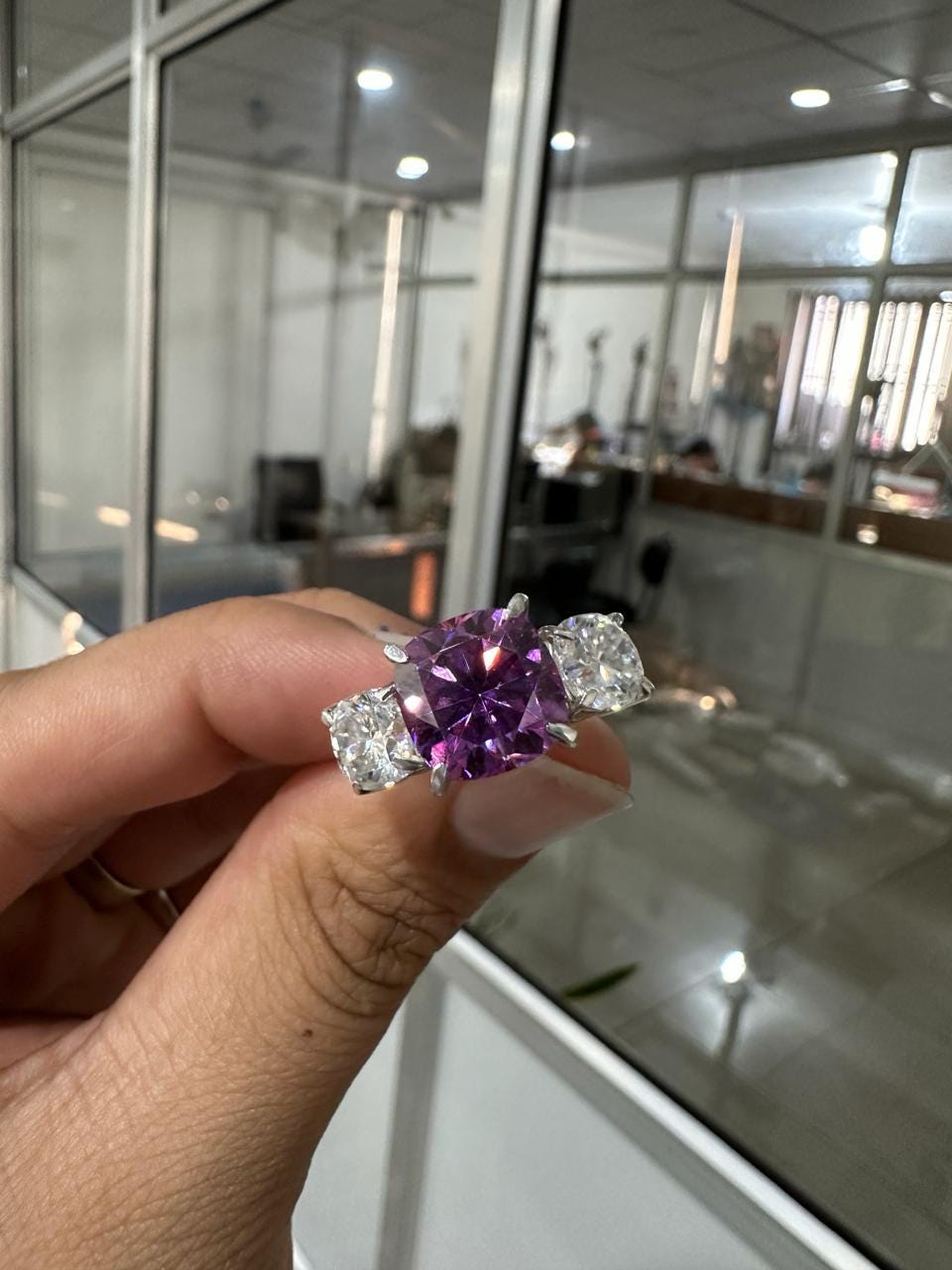 Purple Cushion Moissanite Engagement Ring | 14k Gold | Modern Wedding Three-Stone Ring