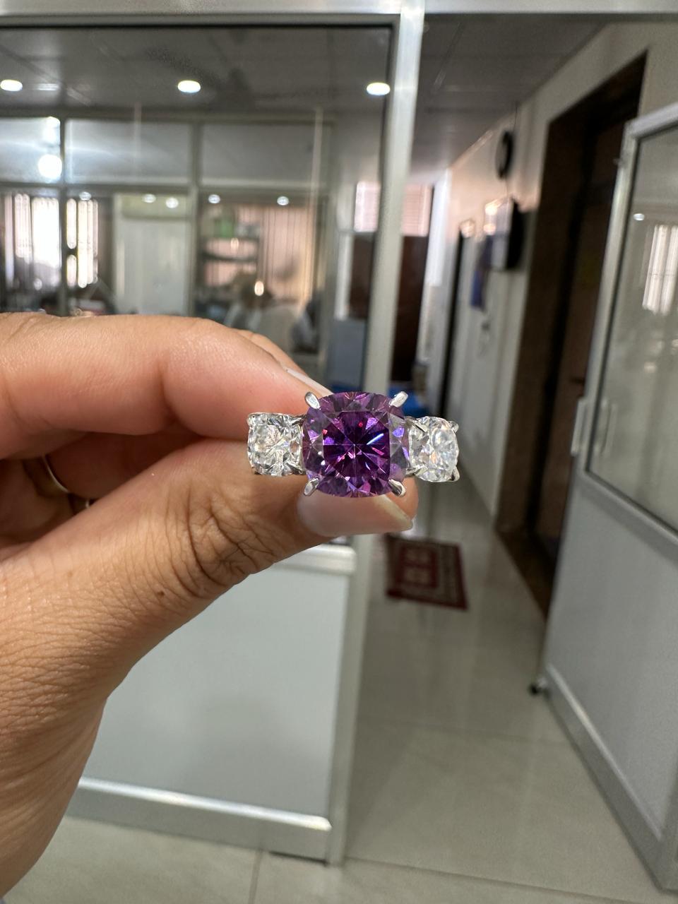 Royal Purple Cushion cut Moissanite Three Stone Ring | 14k White Gold, 8 Ct Ring