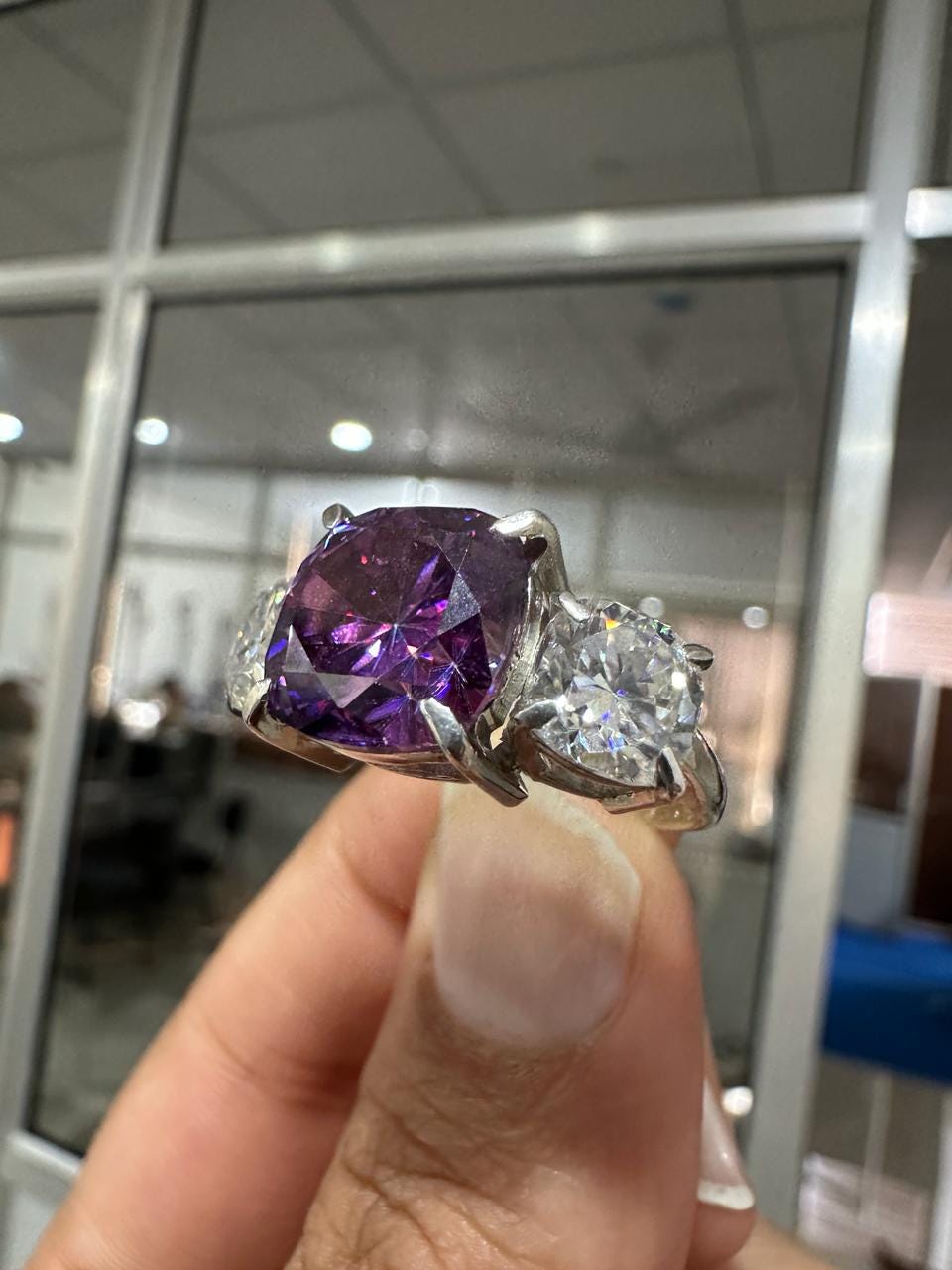 Royal Purple Cushion cut Moissanite Three Stone Ring | 14k White Gold, 8 Ct Ring