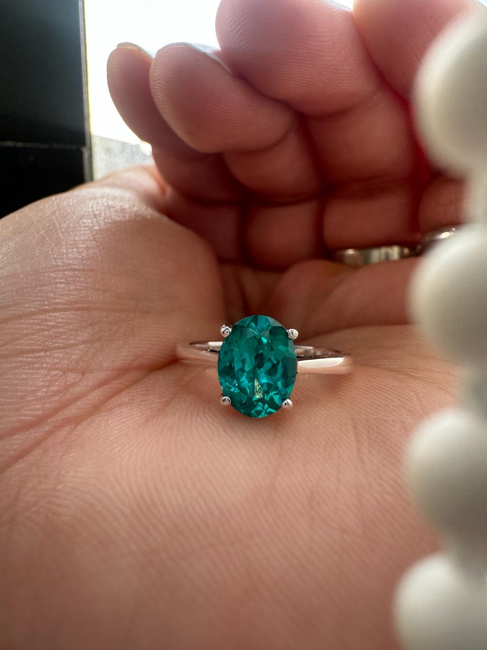 Lab Grown Paraiba Tourmaline Ring | 14K White Gold Oval Solitaire Ocean Blue Gemstone