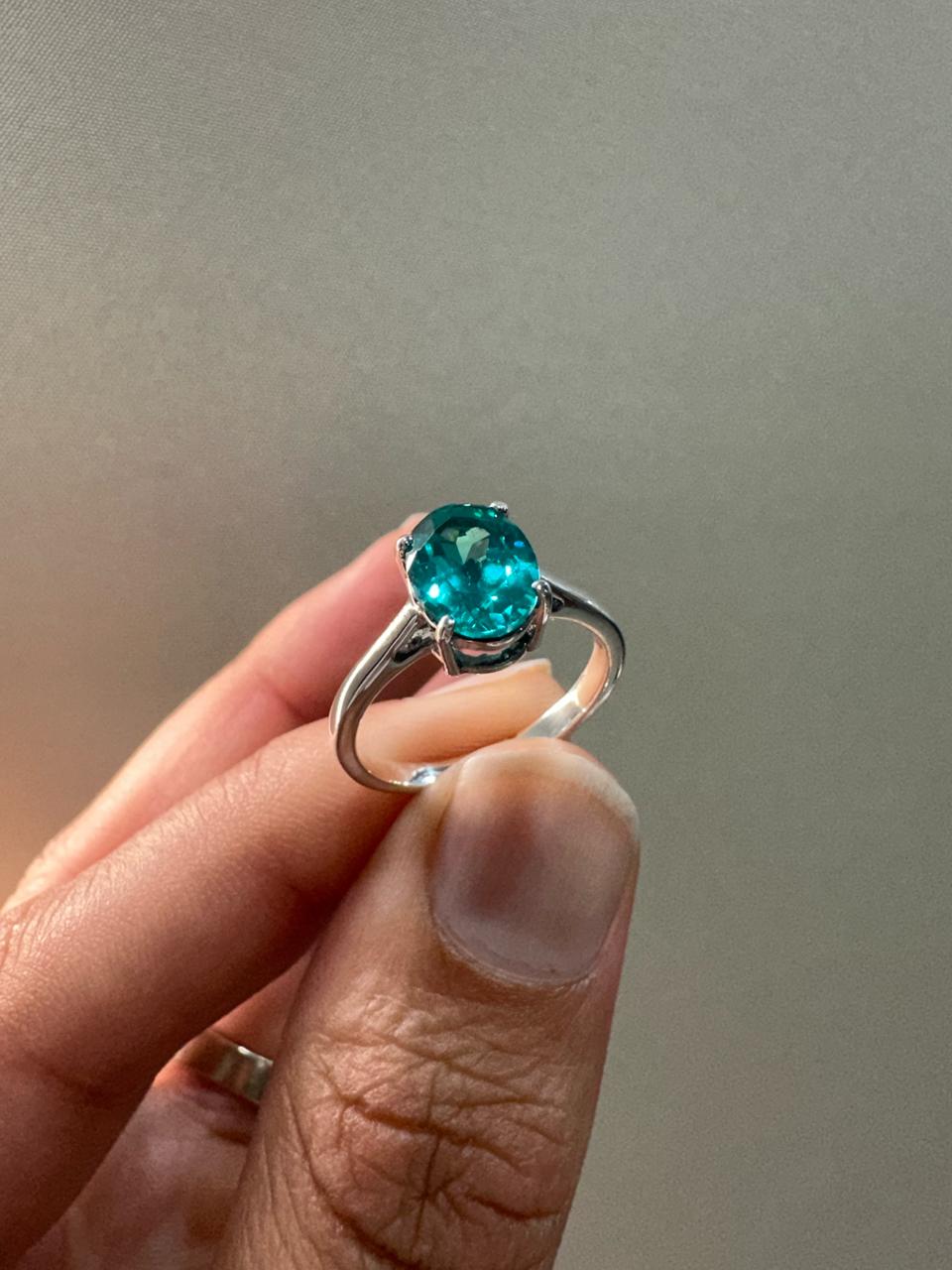 Lab Grown Paraiba Tourmaline Ring | 14K White Gold Oval Solitaire Ocean Blue Gemstone
