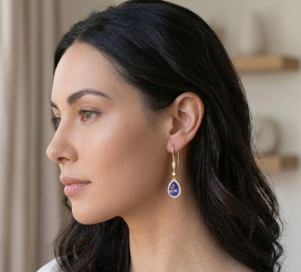 Pear Tanzanite Drop Earrings 14K Yellow Gold with Lab Diamonds 2.5 CT