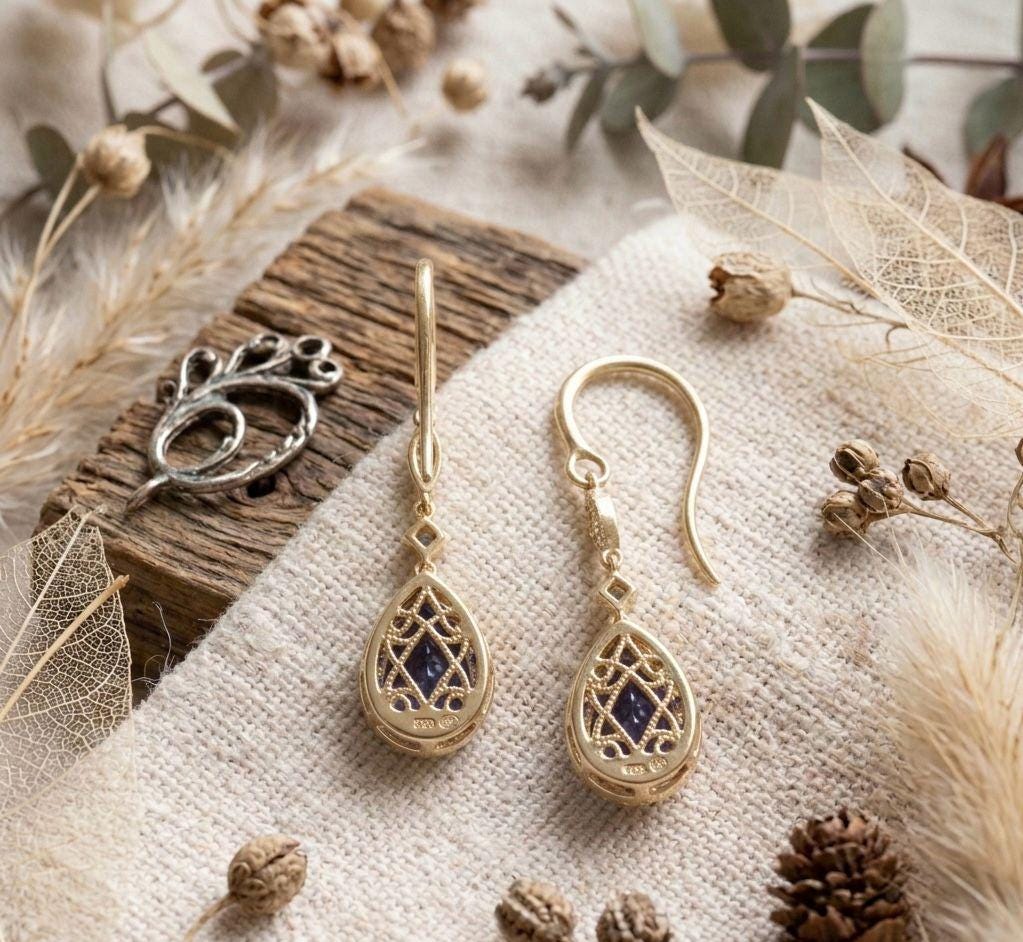 Pear Tanzanite Drop Earrings 14K Yellow Gold with Lab Diamonds 2.5 CT
