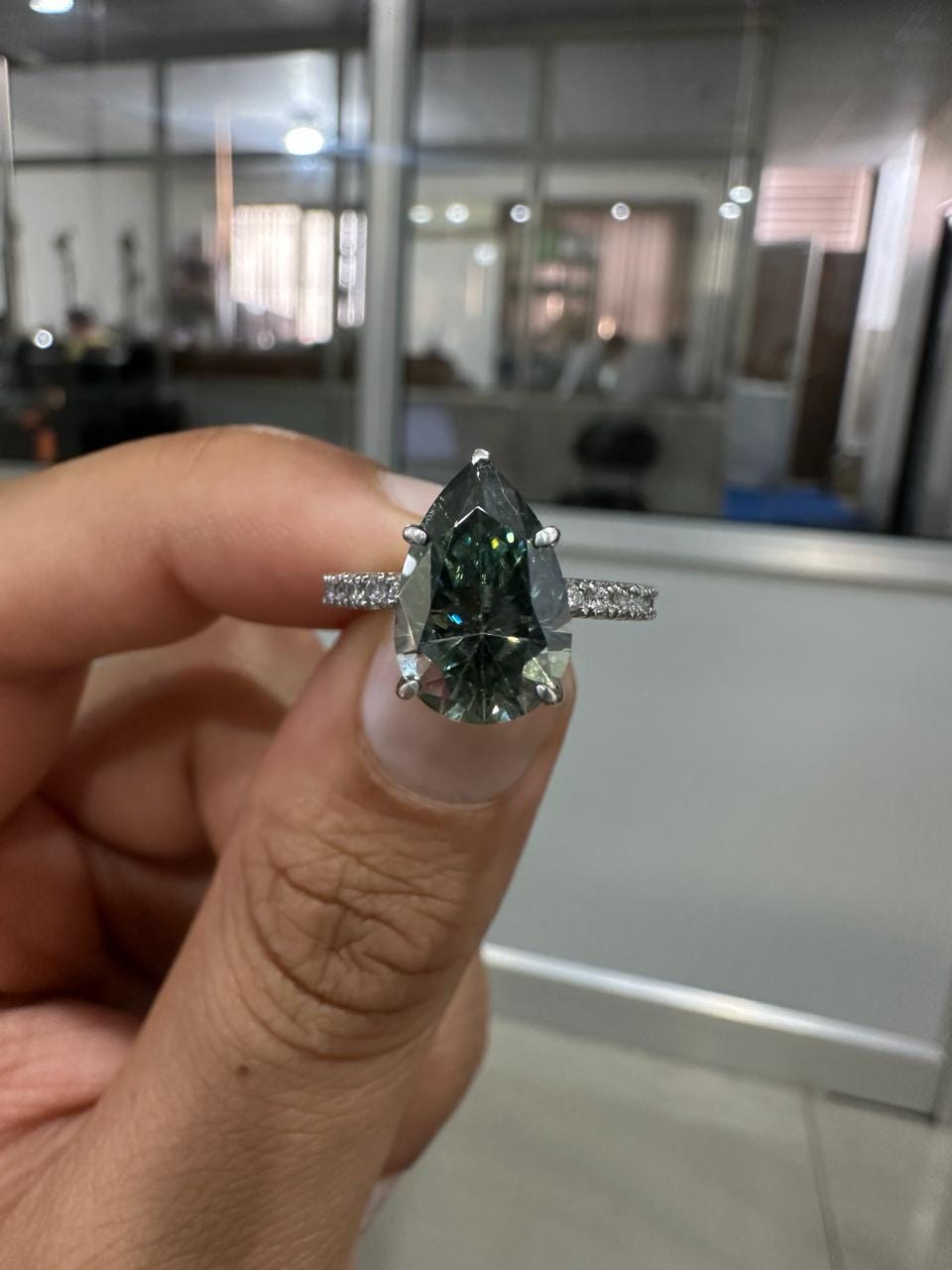 Pear Cut Alexandrite Moissanite Engagement Ring | 14K White Gold Color Changing Bridal Ring