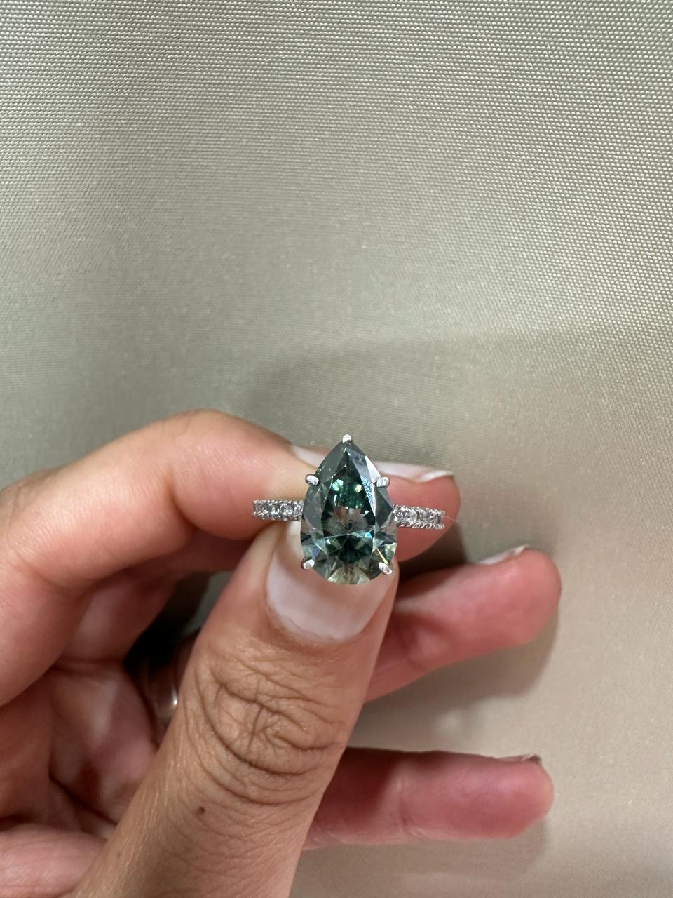 Pear Cut Alexandrite Moissanite Engagement Ring | 14K White Gold Color Changing Bridal Ring