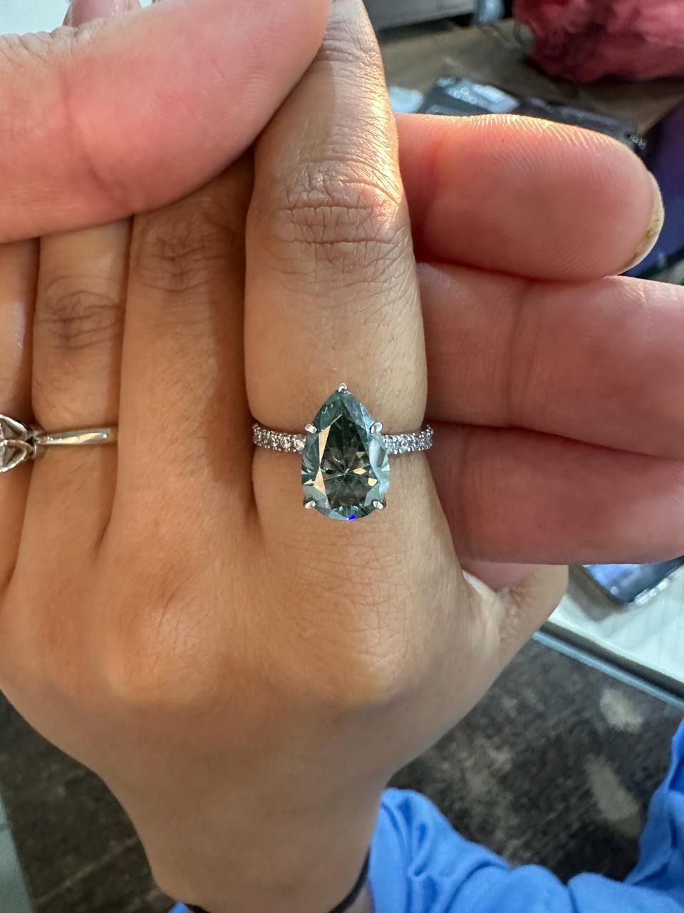 Pear Cut Alexandrite Moissanite Engagement Ring | 14K White Gold Color Changing Bridal Ring