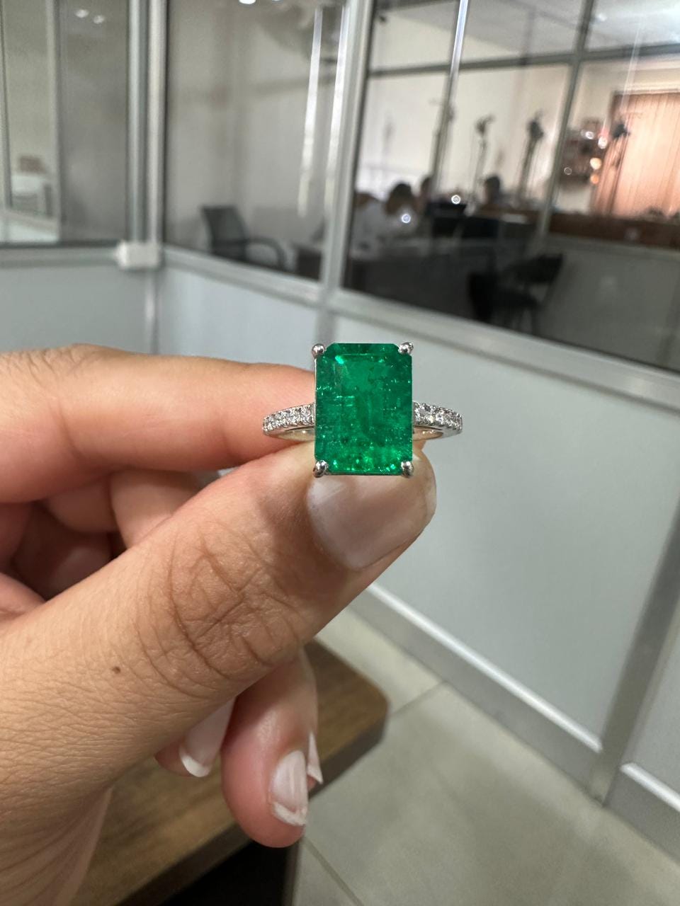 7 CT Lab Grown Colombian Emerald Engagement Ring, 14K White Gold Emerald Cut Gemstone