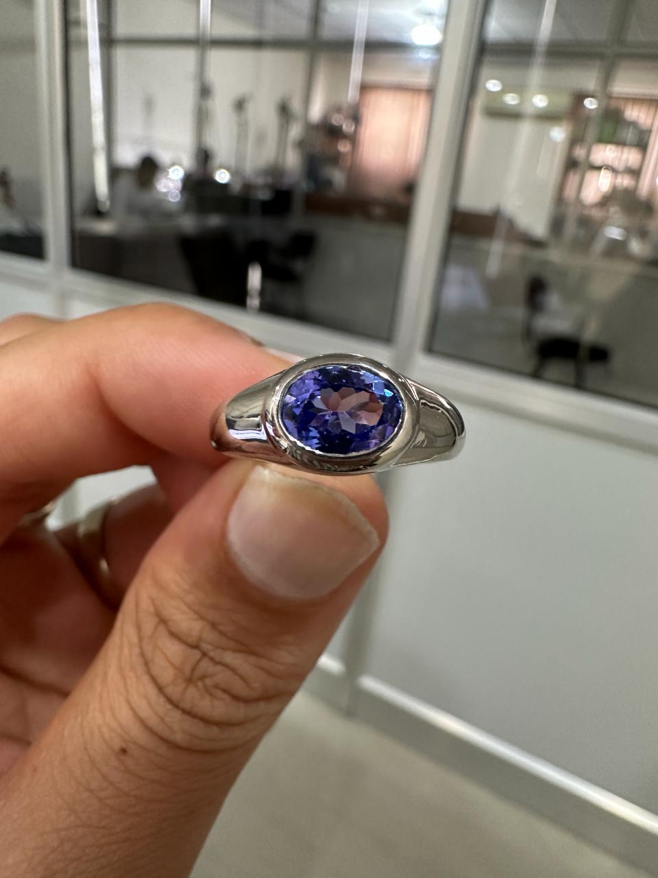 14K White Gold Tanzanite Dome Ring, Oval Blue Purple Gemstone, Modern Men's Band