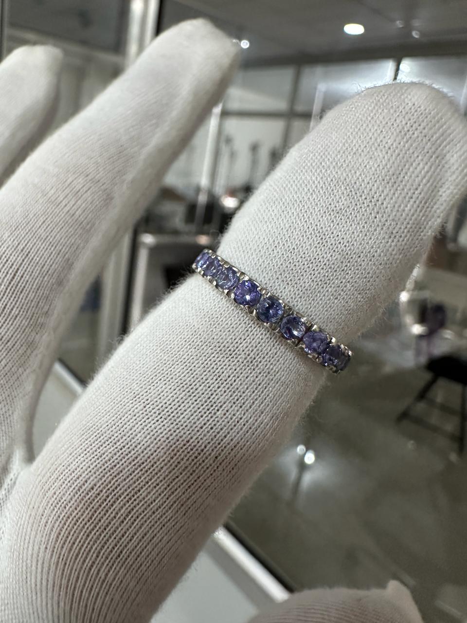 14k White Gold Tanzanite Eternity Band, Blue Purple Gemstone Wedding Ring