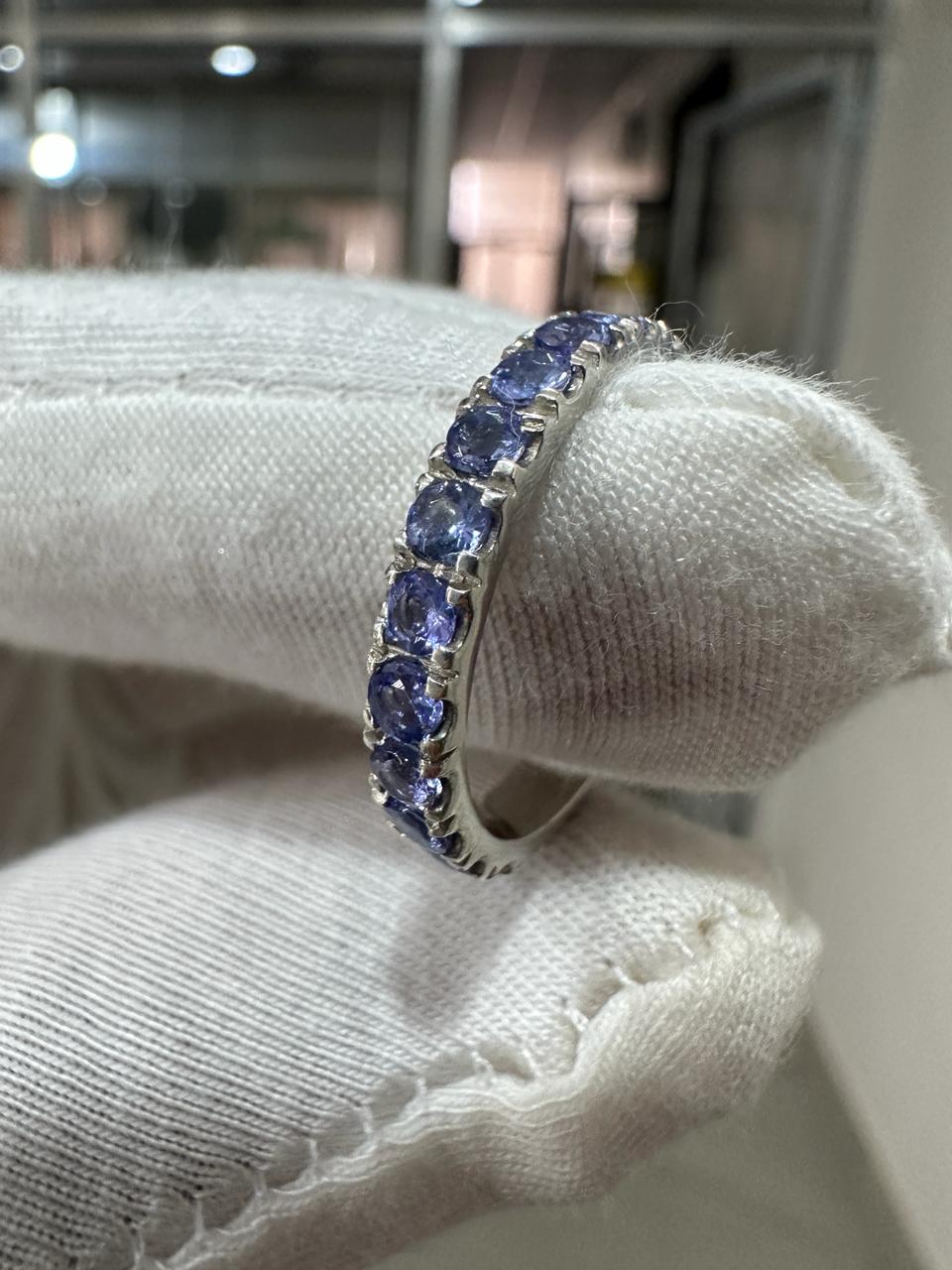 14k White Gold Tanzanite Eternity Band, Blue Purple Gemstone Wedding Ring