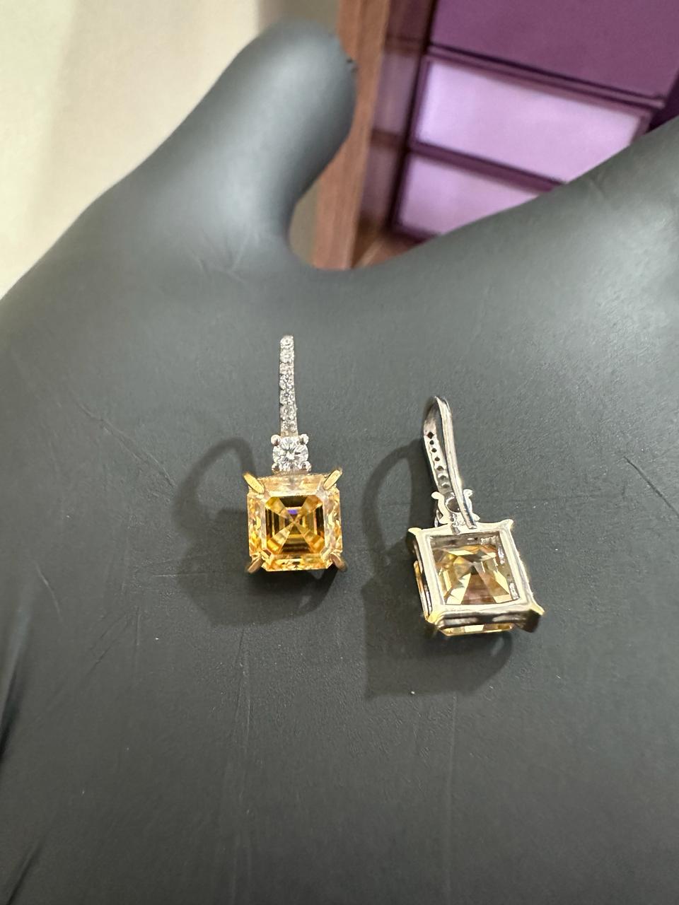 5CT Asscher Yellow Diamond Earrings | 14K White Gold Dangle Drop Earrings for her