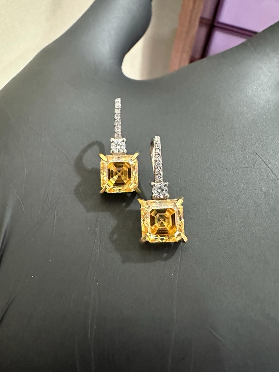 5CT Asscher Yellow Diamond Earrings | 14K White Gold Dangle Drop Earrings for her