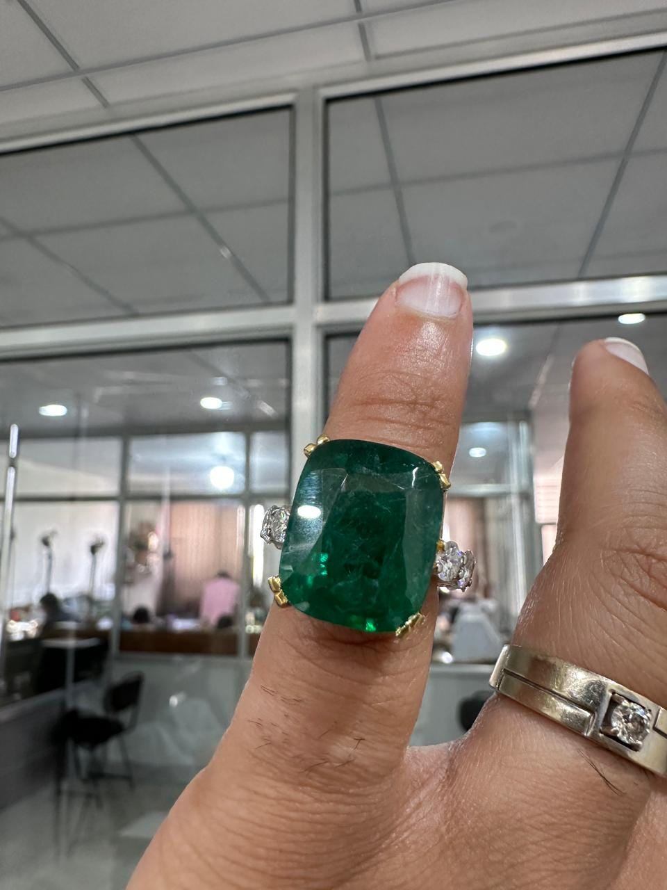 15 CT Lab Emerald Cushion Cut Ring | 14K Solid Gold Moissanite Eternity Band