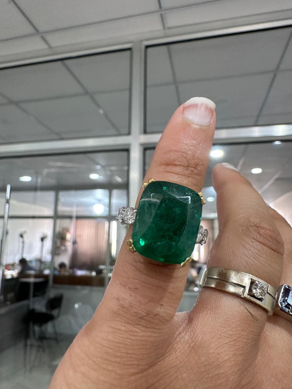 15 CT Lab Emerald Cushion Cut Ring | 14K Solid Gold Moissanite Eternity Band