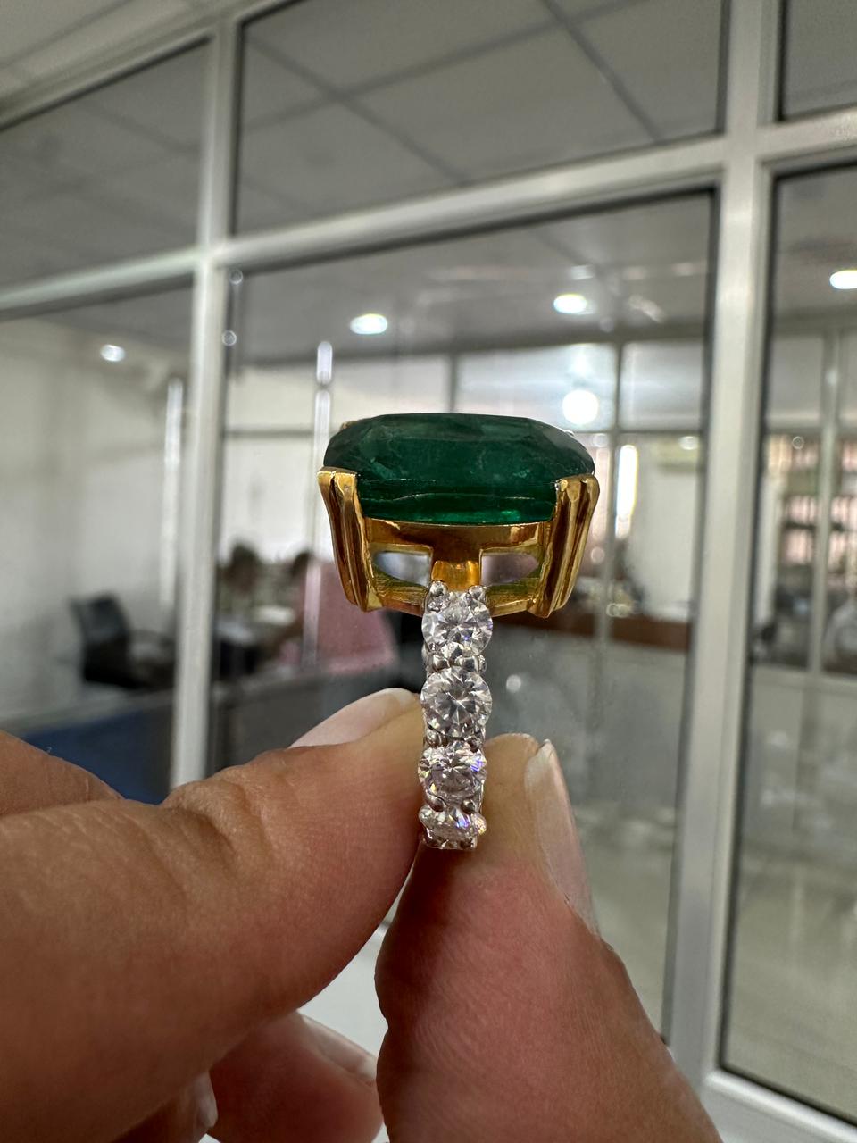 15 CT Lab Emerald Cushion Cut Ring | 14K Solid Gold Moissanite Eternity Band