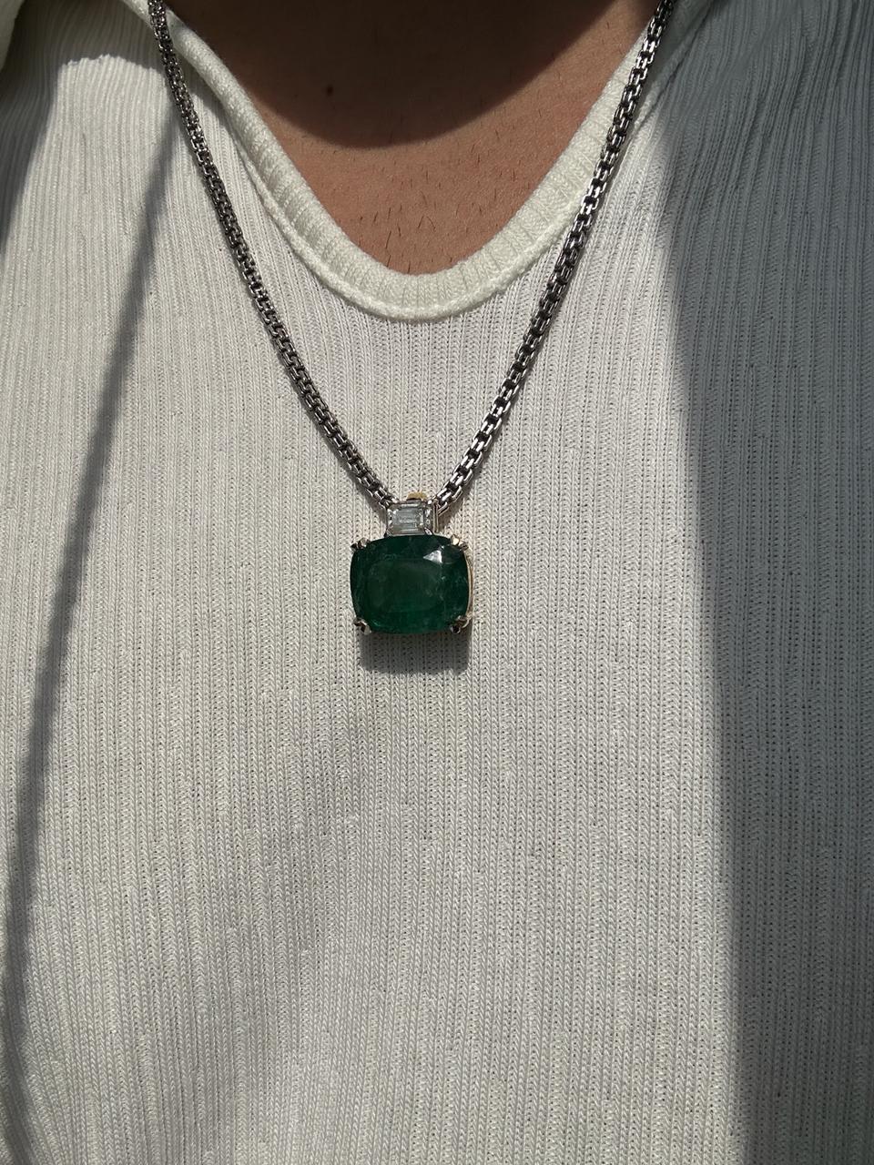 15 CT Emerald Pendant Necklace | 14K Gold Cushion Cut Moissanite Statement Jewelry