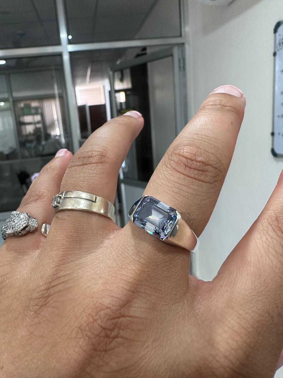 Ocean Blue Moissanite Men's Ring | 925 Silver | Emerald Shaped Gemstone ring