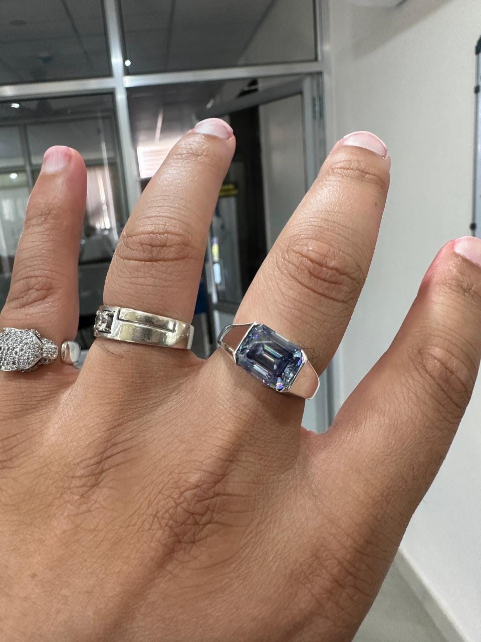 Men's Moissanite Ring | 14K White Gold | Color Changing Emerald Cut Blue Gemstone