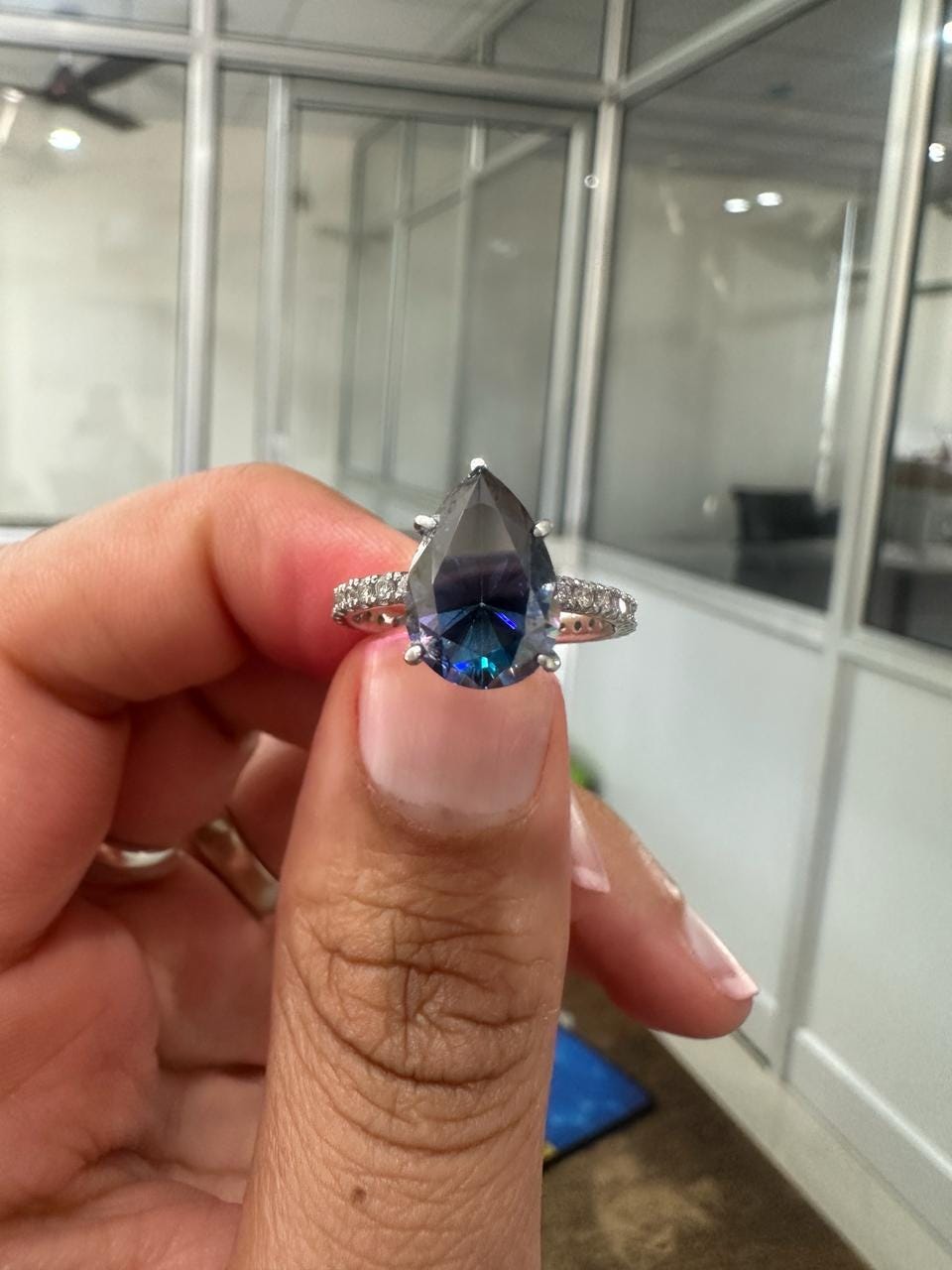 3 CT Pear Cut Blue Moissanite Engagement Ring | 14K White Gold Pavé Band
