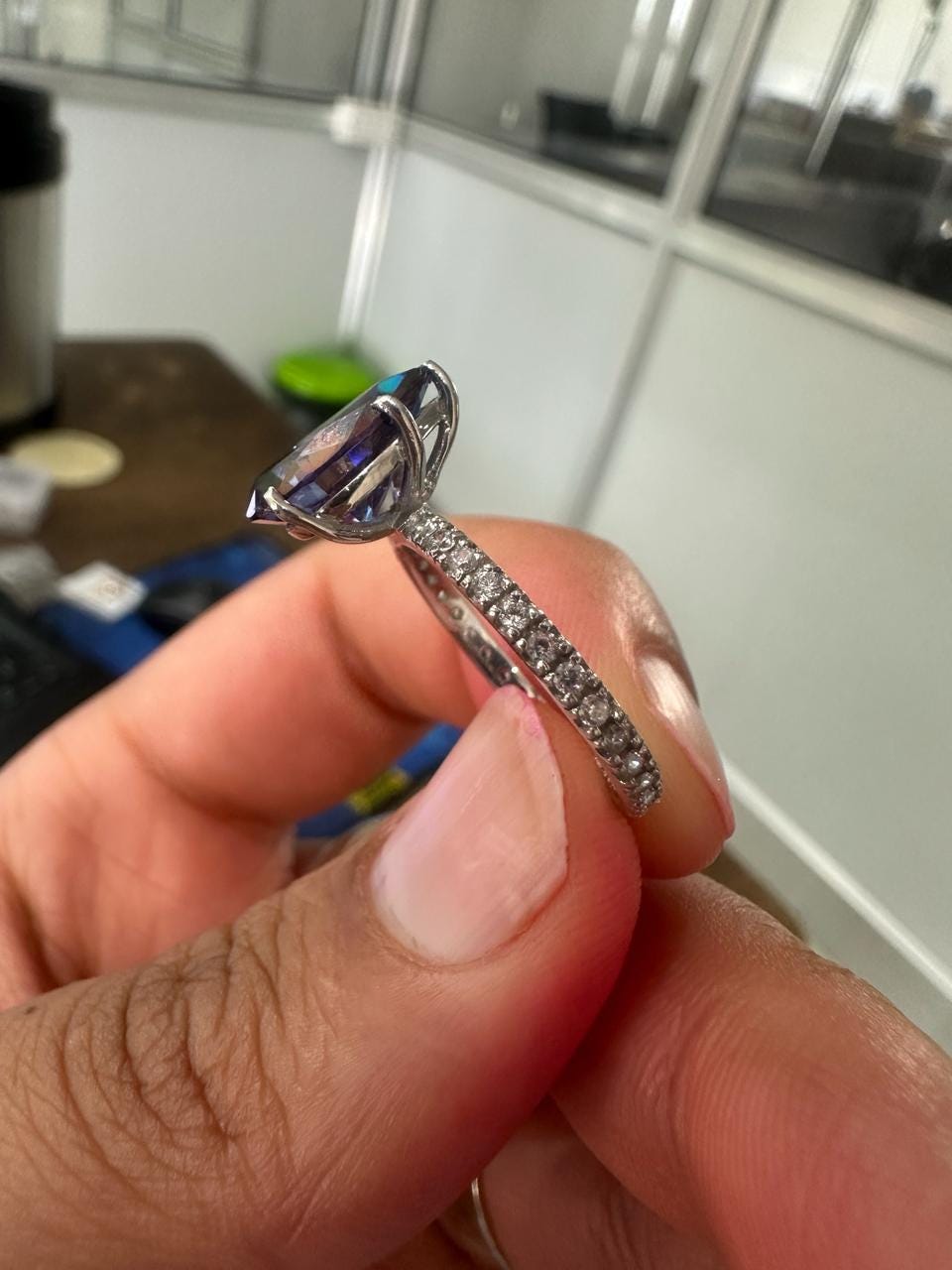 3 CT Pear Cut Blue Moissanite Engagement Ring | 14K White Gold Pavé Band