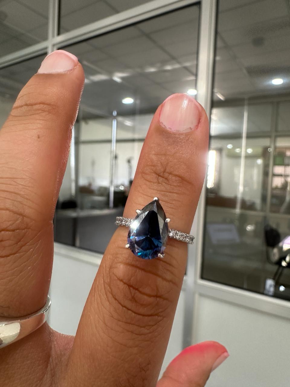 3 CT Pear Cut Blue Moissanite Engagement Ring | 14K White Gold Pavé Band