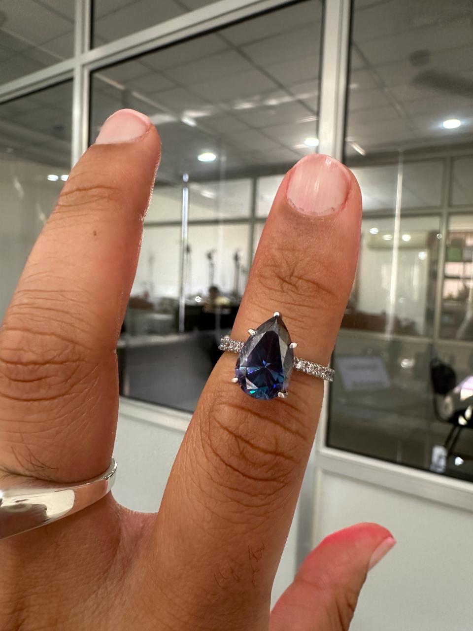 3 CT Pear Cut Blue Moissanite Engagement Ring | 14K White Gold Pavé Band