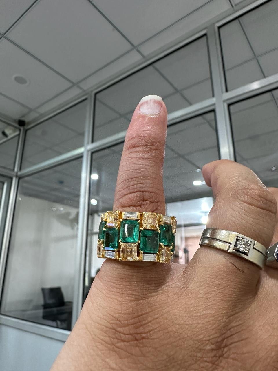 Multi Stone Emerald Engagement Ring | 14k Yellow Gold, Statement gift for her