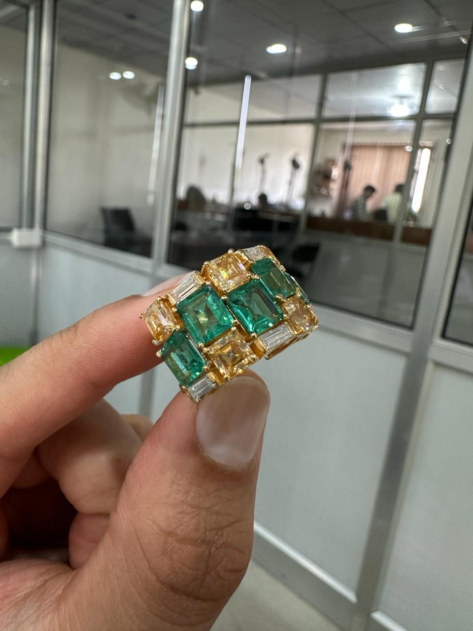 Multi Stone Emerald Engagement Ring | 14k Yellow Gold, Statement gift for her
