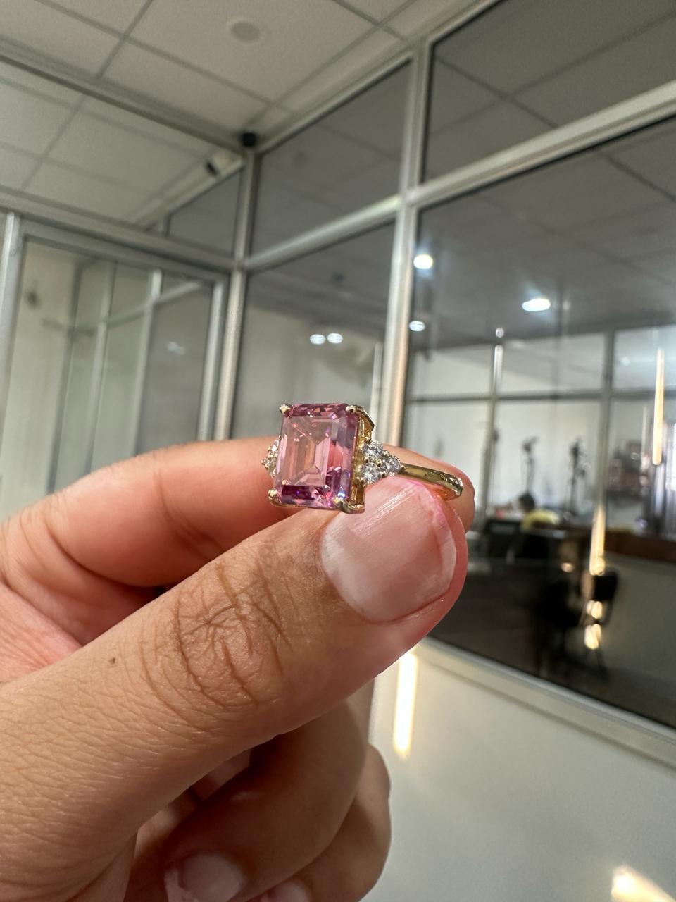 Royal Pink Gemstone Engagement Ring, 3 Ct Moissanite Ring, 14K Yellow Gold, Gift for Her