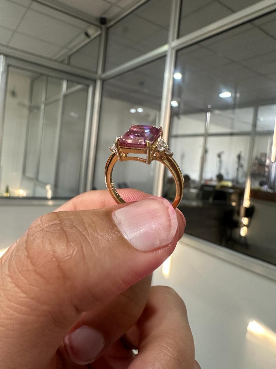 Royal Pink Gemstone Engagement Ring, 3 Ct Moissanite Ring, 14K Yellow Gold, Gift for Her