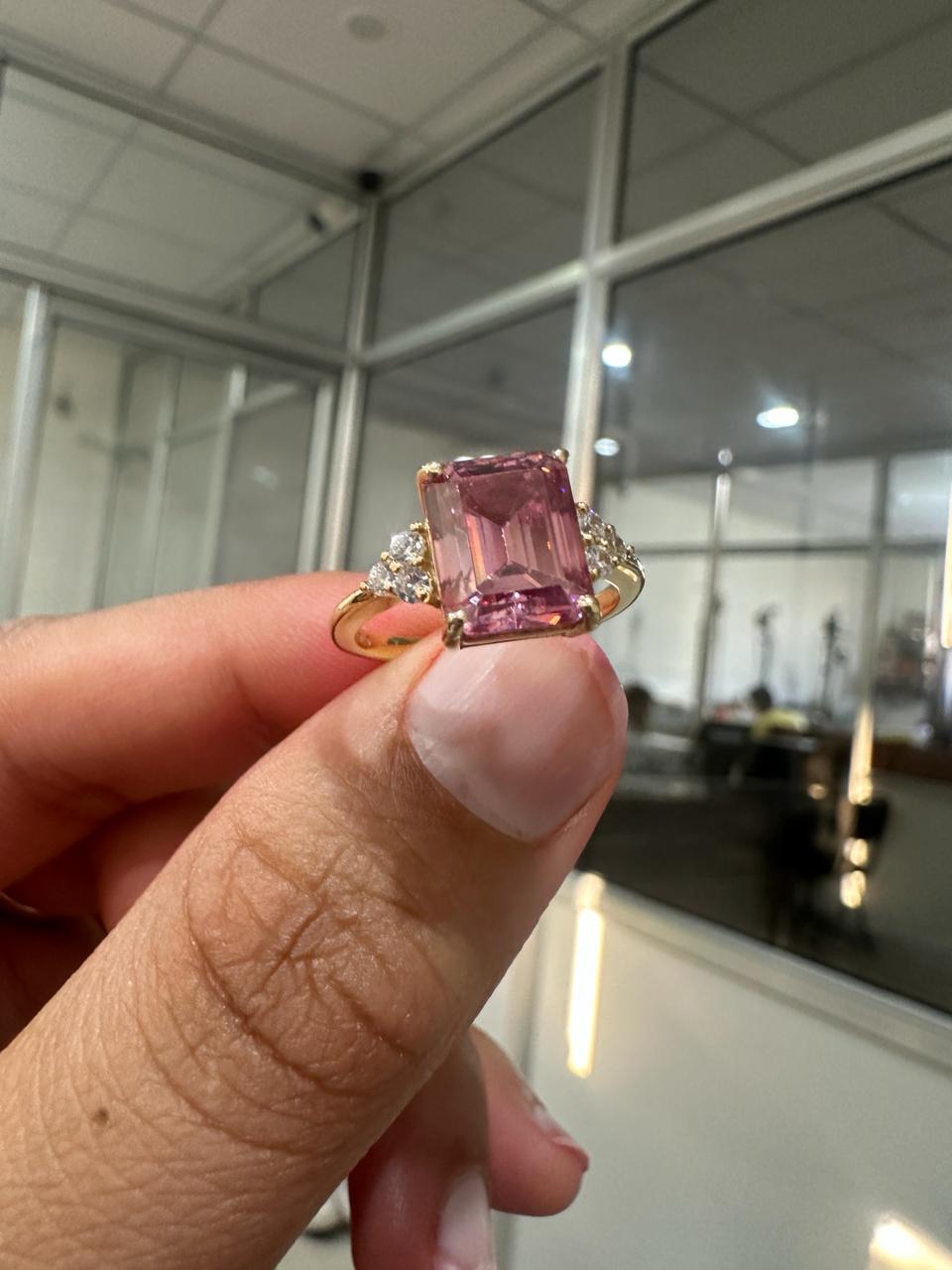 Royal Pink Gemstone Engagement Ring, 3 Ct Moissanite Ring, 14K Yellow Gold, Gift for Her